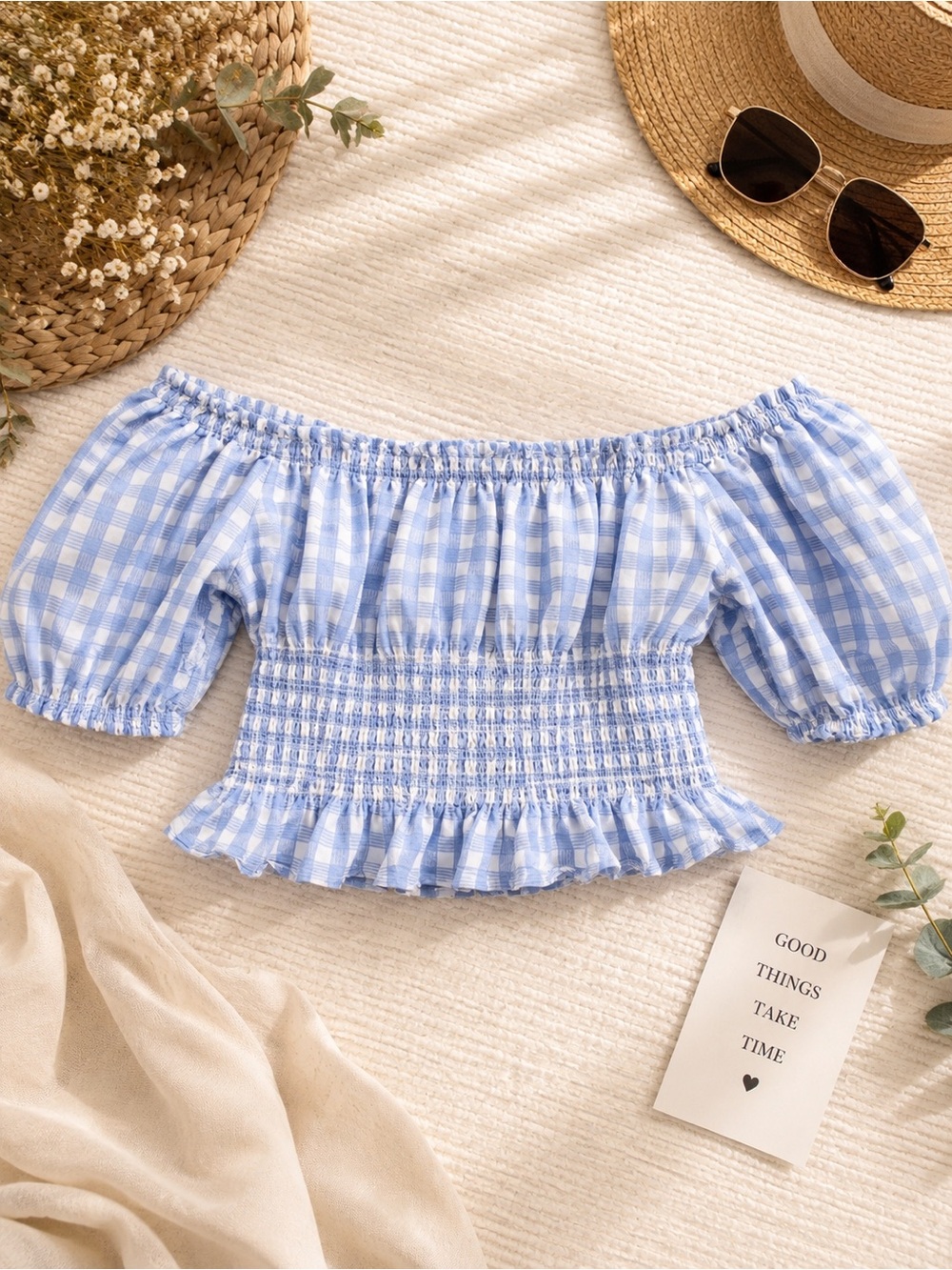 Light Blue Gingham Off-Shoulder Smocked Blouse